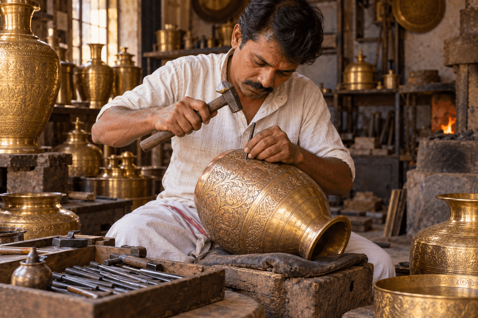 Indian artisan hand-engraving a brass vessel in a traditional metalworking workshop