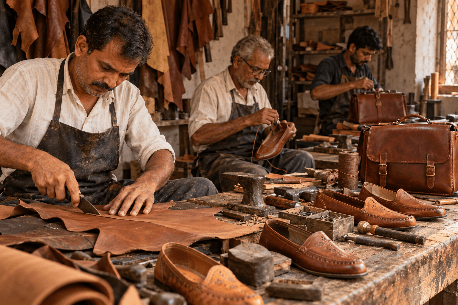 Indian leather artisans handcrafting shoes and bags in a traditional Kanpur workshop