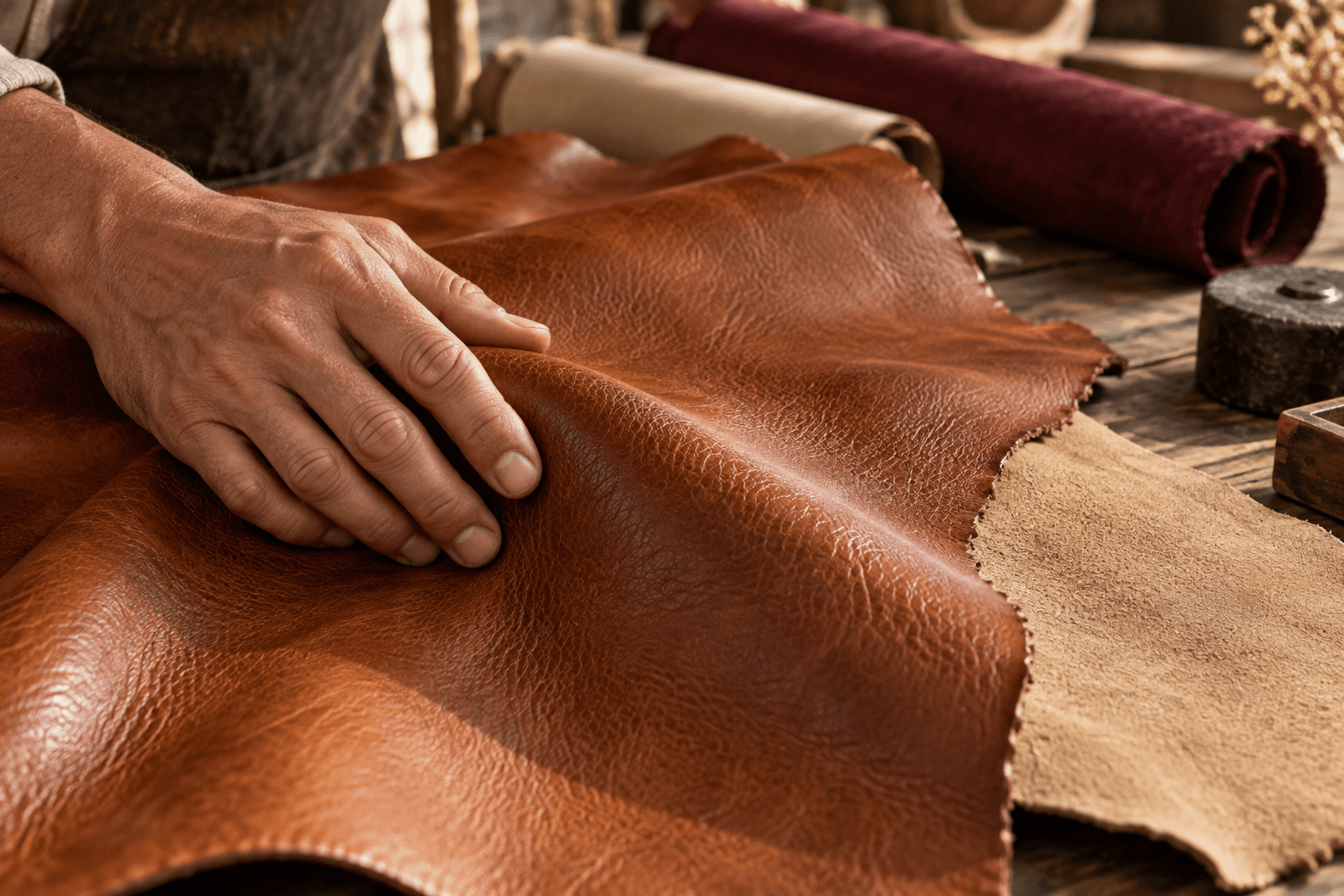 Illustrative close-up of cognac leather material and its visible grain