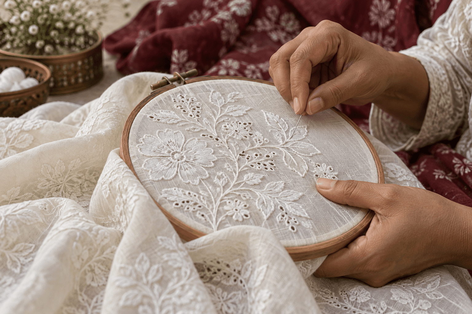 Illustrative close-up of white-on-ivory Lucknow Chikankari embroidery being hand-stitched
